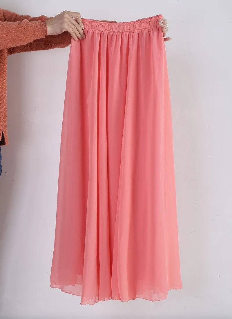 Women Chiffon Long Skirts Candy Color Pleated Maxi Skirts Spring Summer Skirts