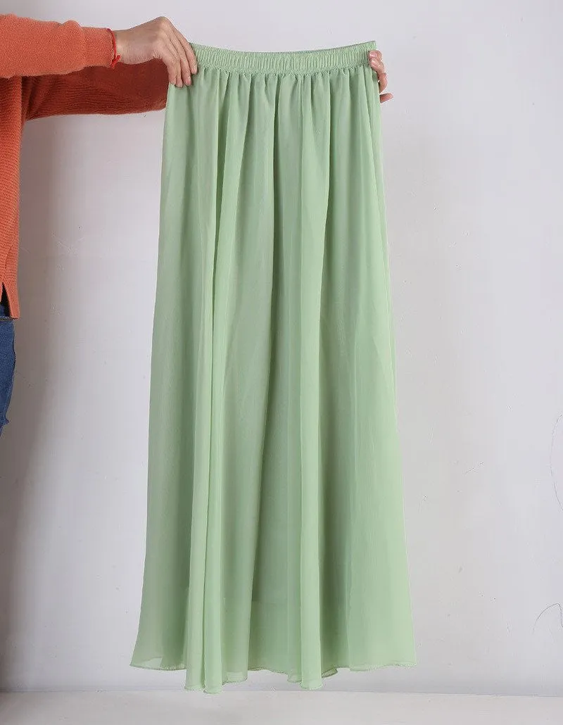 Women Chiffon Long Skirts Candy Color Pleated Maxi Skirts Spring Summer Skirts