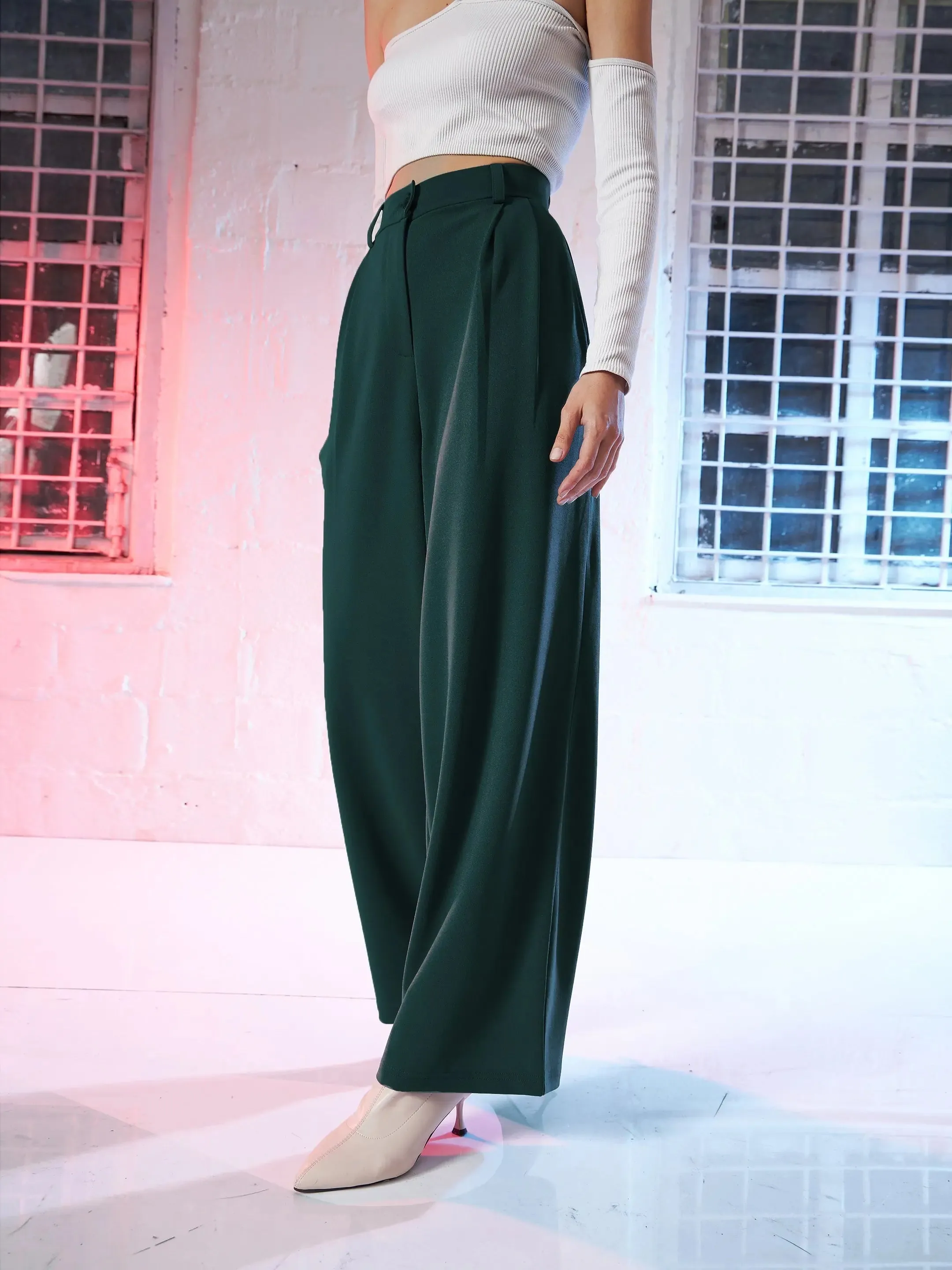 Women Emerald Green Korean Pleated Loose Fit Pants