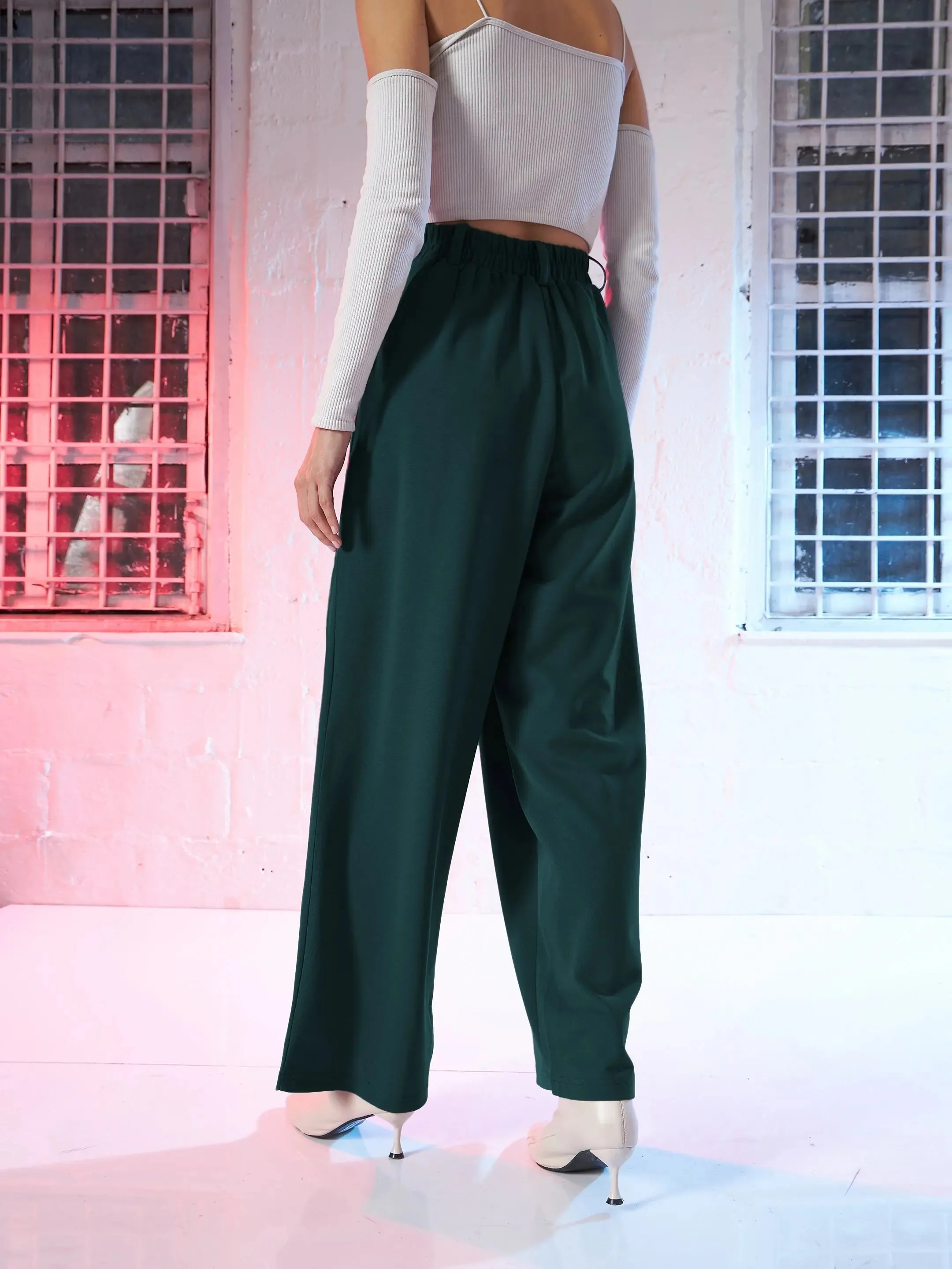 Women Emerald Green Korean Pleated Loose Fit Pants