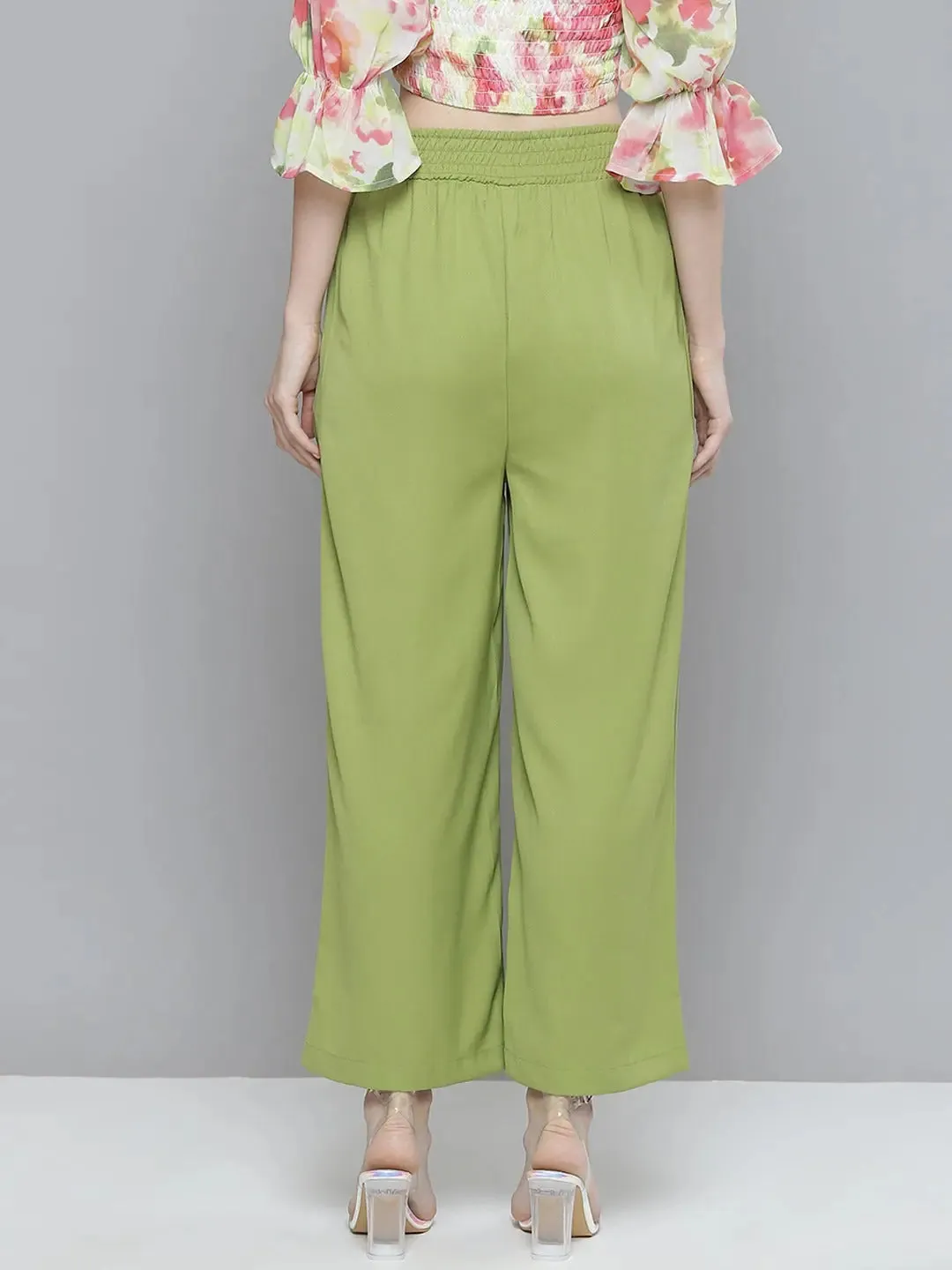 Women Green Smocked Waist Wide Leg Pants