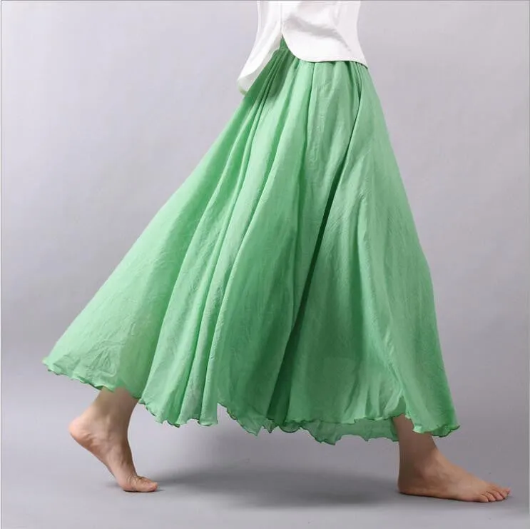Women Linen Cotton Long Skirts Elastic Waist Pleated Literary style Vintage Skirts
