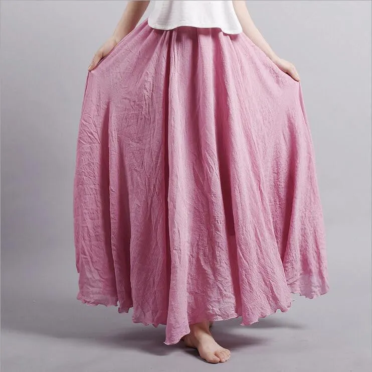 Women Linen Cotton Long Skirts Elastic Waist Pleated Literary style Vintage Skirts