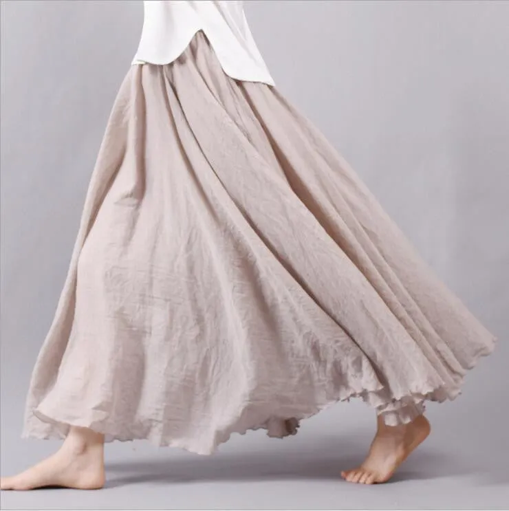 Women Linen Cotton Long Skirts Elastic Waist Pleated Literary style Vintage Skirts