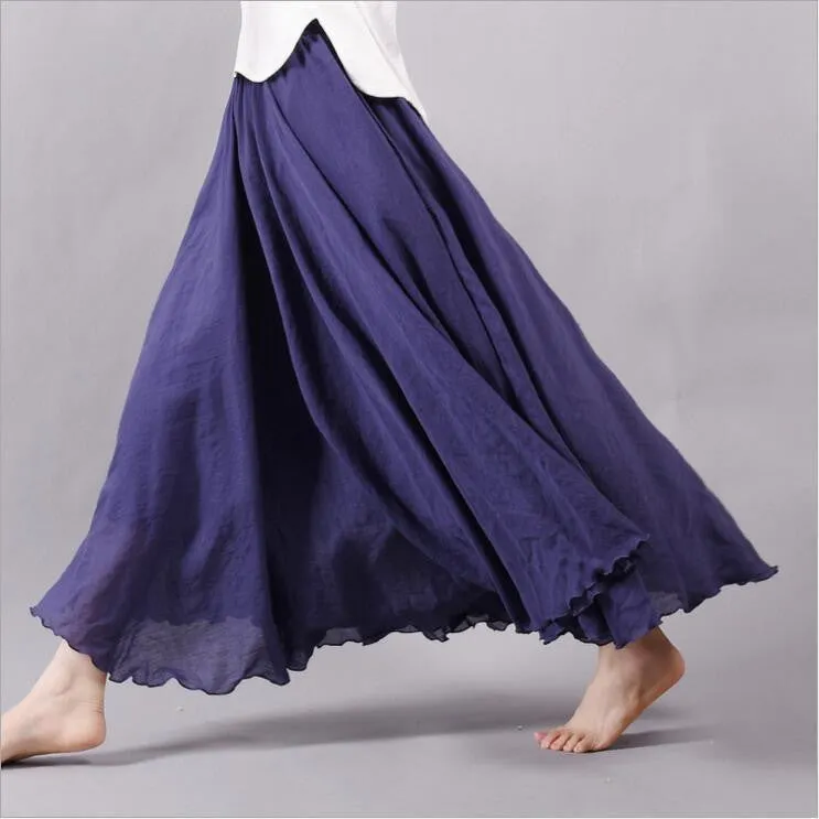 Women Linen Cotton Long Skirts Elastic Waist Pleated Literary style Vintage Skirts