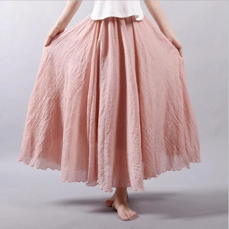 Women Linen Cotton Long Skirts Elastic Waist Pleated Literary style Vintage Skirts