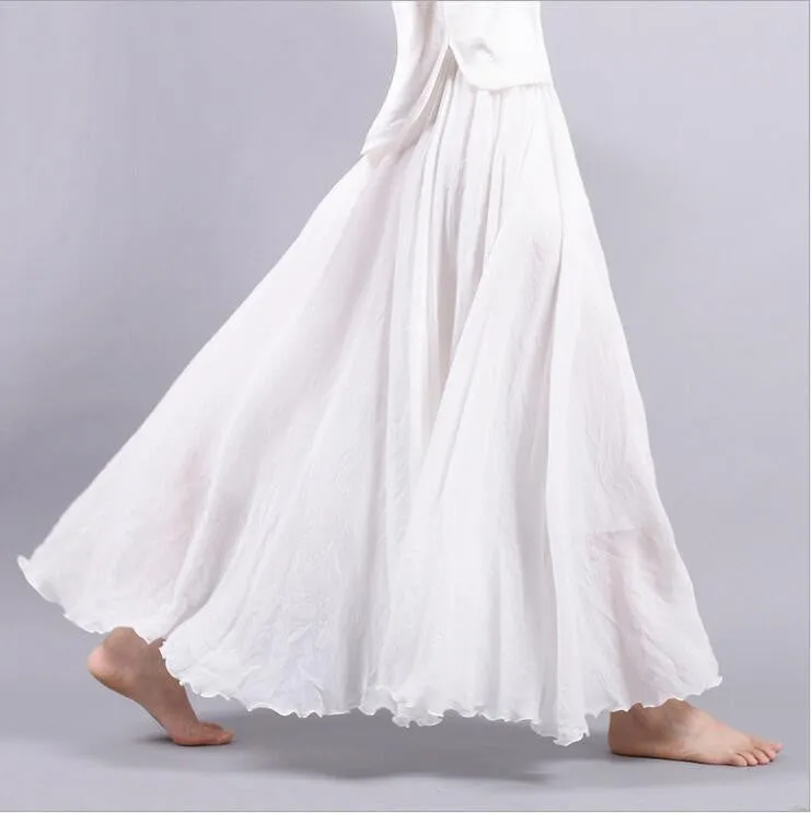 Women Linen Cotton Long Skirts Elastic Waist Pleated Literary style Vintage Skirts