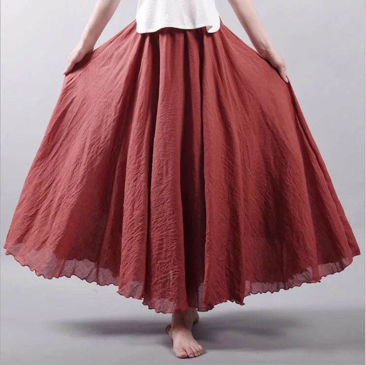 Women Linen Cotton Long Skirts Elastic Waist Pleated Literary style Vintage Skirts