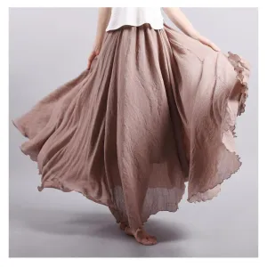 Women Linen Cotton Long Skirts Elastic Waist Pleated Literary style Vintage Skirts