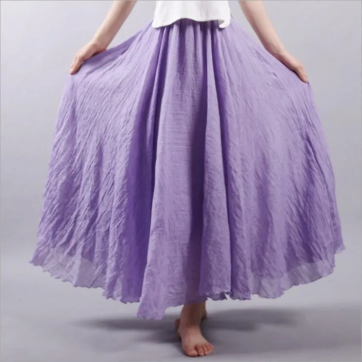 Women Linen Cotton Long Skirts Elastic Waist Pleated Literary style Vintage Skirts