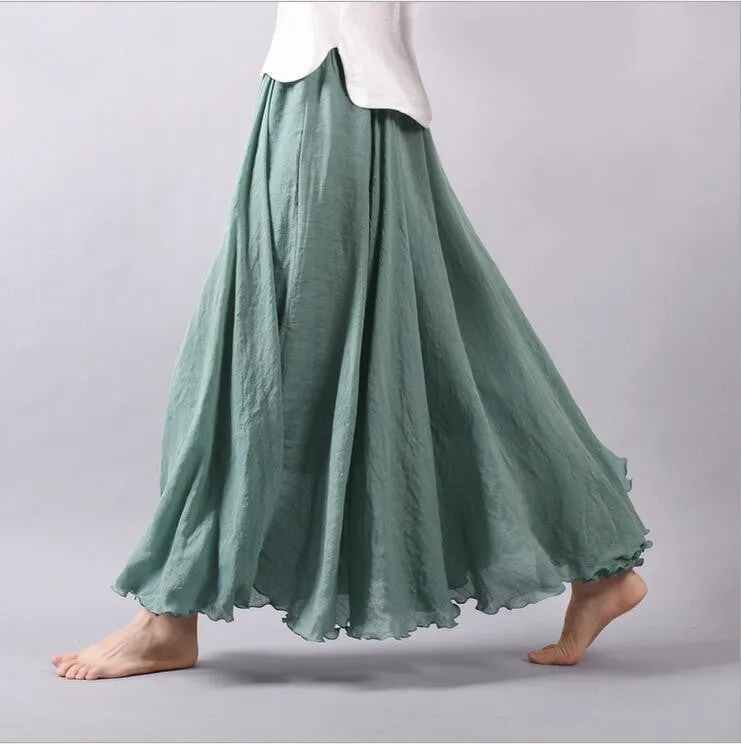 Women Linen Cotton Long Skirts Elastic Waist Pleated Literary style Vintage Skirts