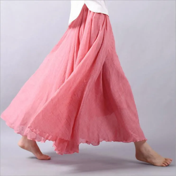 Women Linen Cotton Long Skirts Elastic Waist Pleated Literary style Vintage Skirts