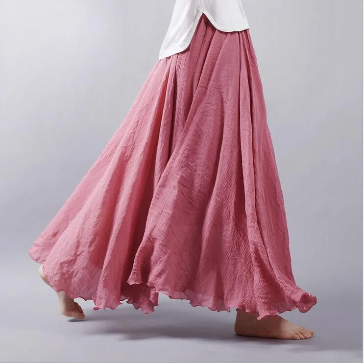 Women Linen Cotton Long Skirts Elastic Waist Pleated Literary style Vintage Skirts