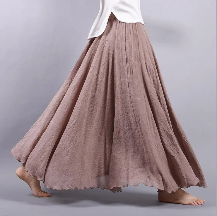 Women Linen Cotton Long Skirts Elastic Waist Pleated Literary style Vintage Skirts