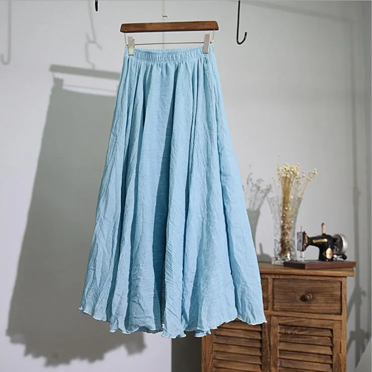 Women Linen Cotton Long Skirts Elastic Waist Pleated Literary style Vintage Skirts
