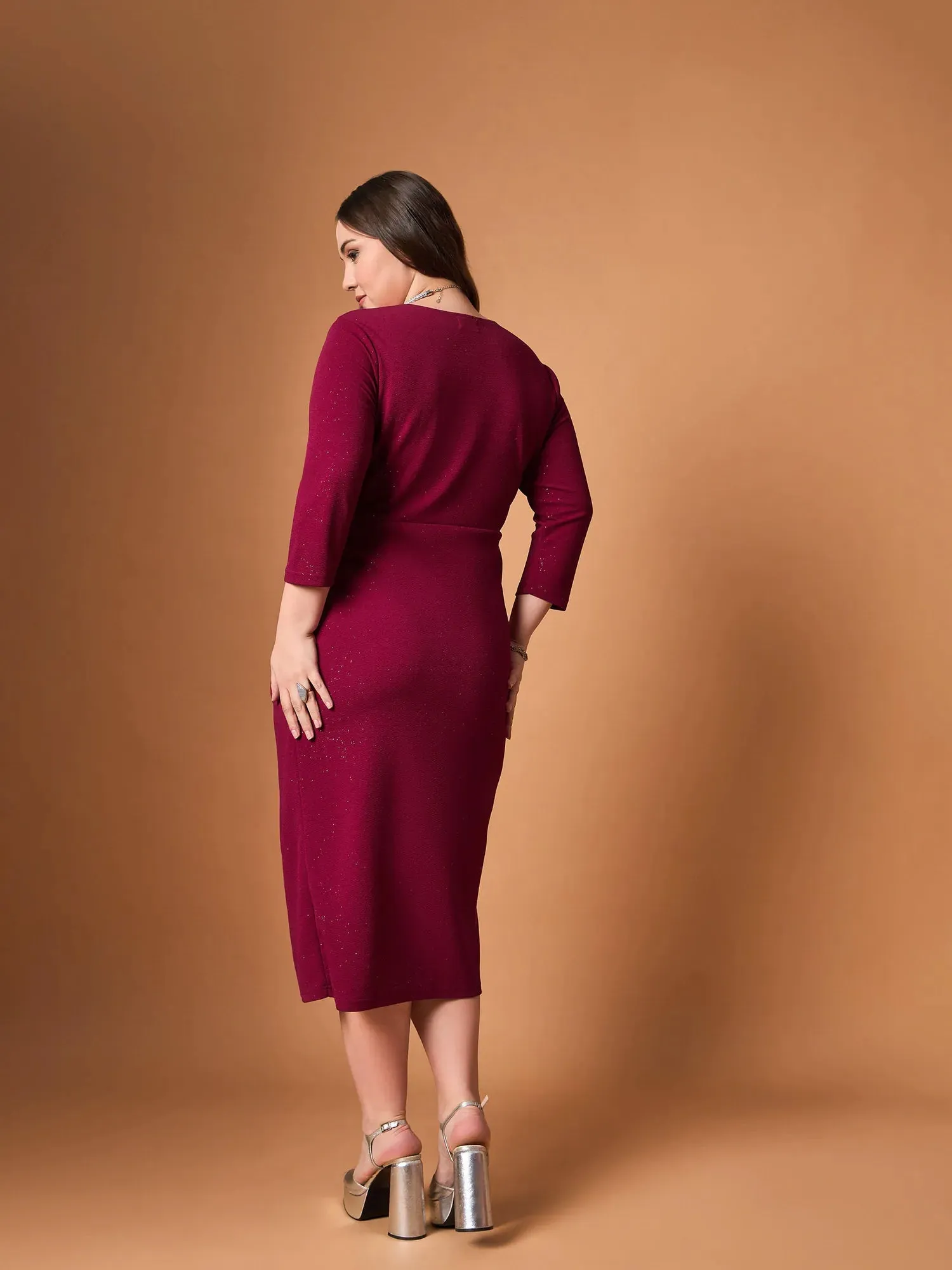 Women Maroon Glitter Side Knot Midi Dress-SFDRSS12466