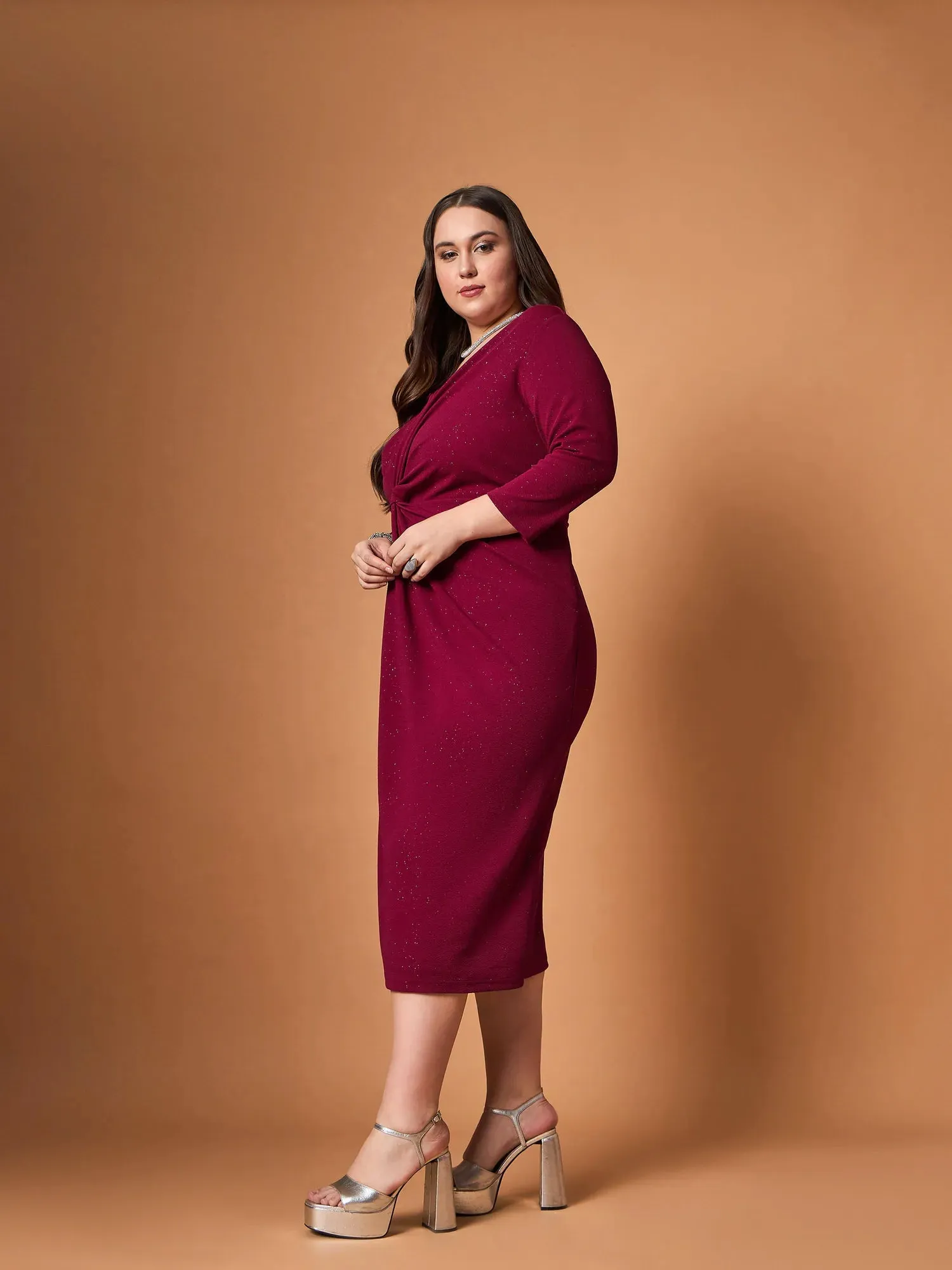 Women Maroon Glitter Side Knot Midi Dress-SFDRSS12466