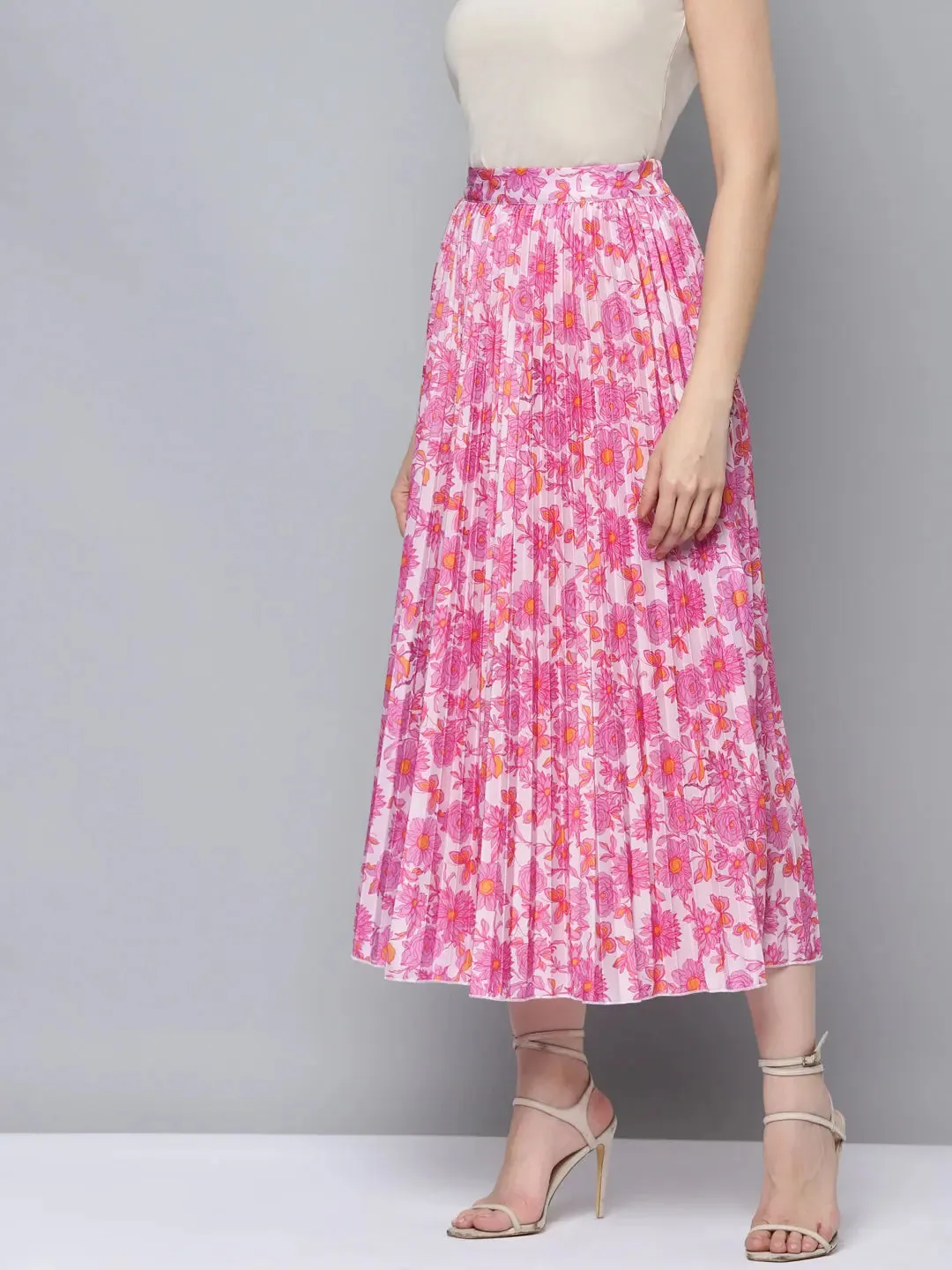 Women Pink Floral Pleated Skirt