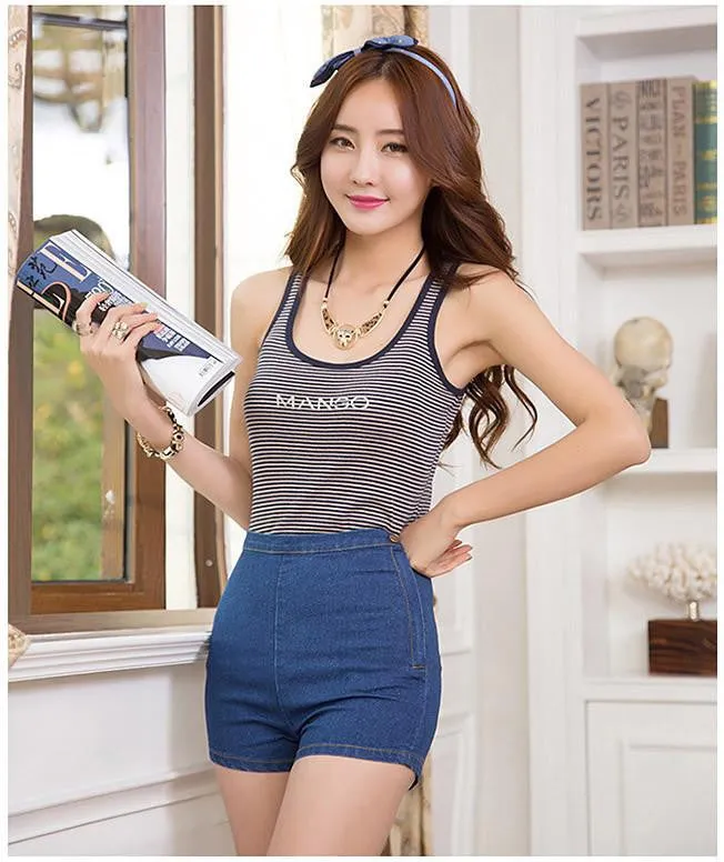 Women Slim High Waist Jeans Denim Tap Short Shorts Tight A Side Button