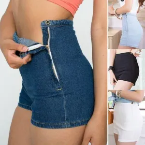 Women Slim High Waist Jeans Denim Tap Short Shorts Tight A Side Button