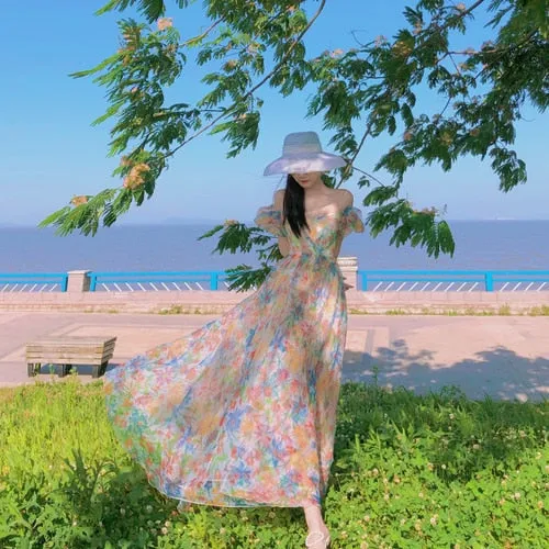 Women Summer Fairy Skirt French First Love Bubble Sleeve Sweet Gauze Strap Beach Skirt Floral Design Elegant Midi Dresses Beach