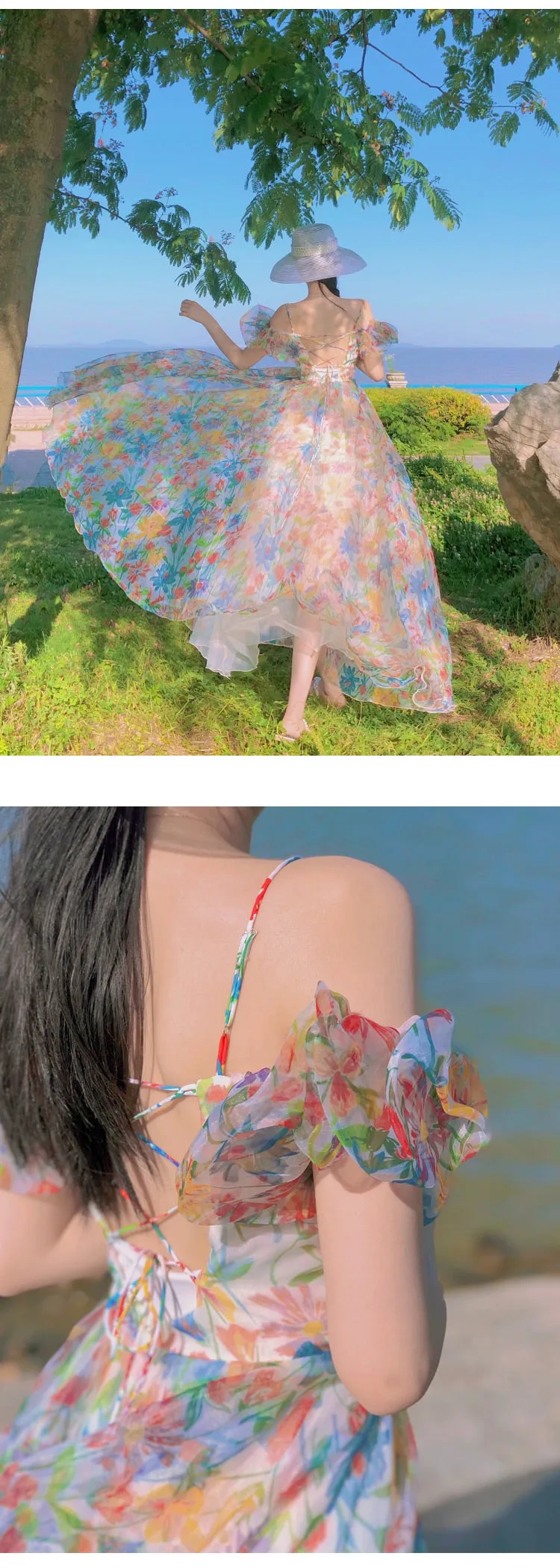 Women Summer Fairy Skirt French First Love Bubble Sleeve Sweet Gauze Strap Beach Skirt Floral Design Elegant Midi Dresses Beach