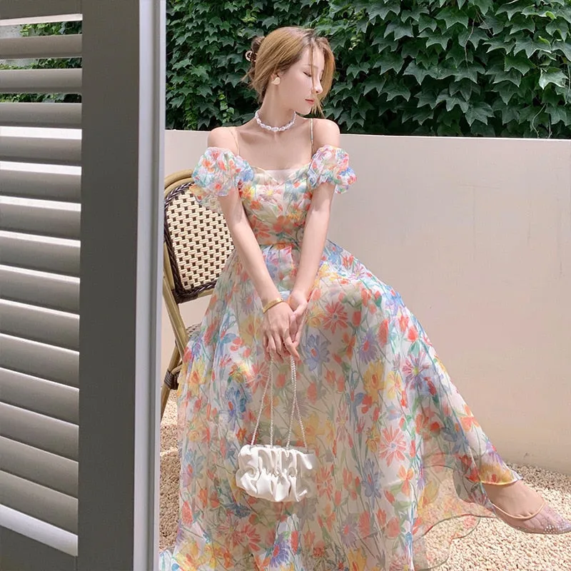 Women Summer Fairy Skirt French First Love Bubble Sleeve Sweet Gauze Strap Beach Skirt Floral Design Elegant Midi Dresses Beach