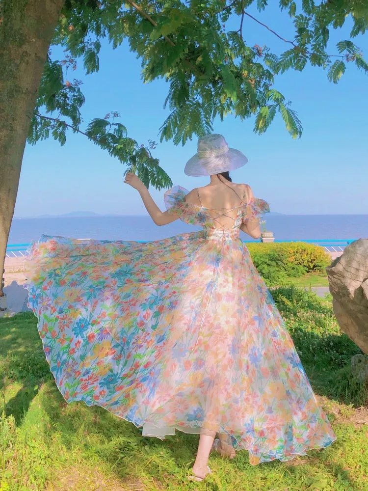 Women Summer Fairy Skirt French First Love Bubble Sleeve Sweet Gauze Strap Beach Skirt Floral Design Elegant Midi Dresses Beach