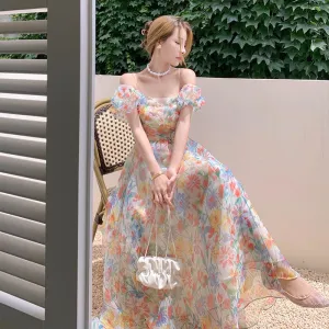 Women Summer Fairy Skirt French First Love Bubble Sleeve Sweet Gauze Strap Beach Skirt Floral Design Elegant Midi Dresses Beach