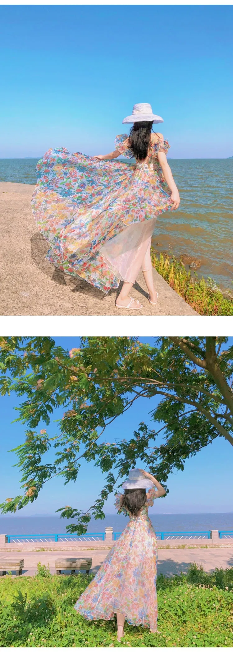 Women Summer Fairy Skirt French First Love Bubble Sleeve Sweet Gauze Strap Beach Skirt Floral Design Elegant Midi Dresses Beach