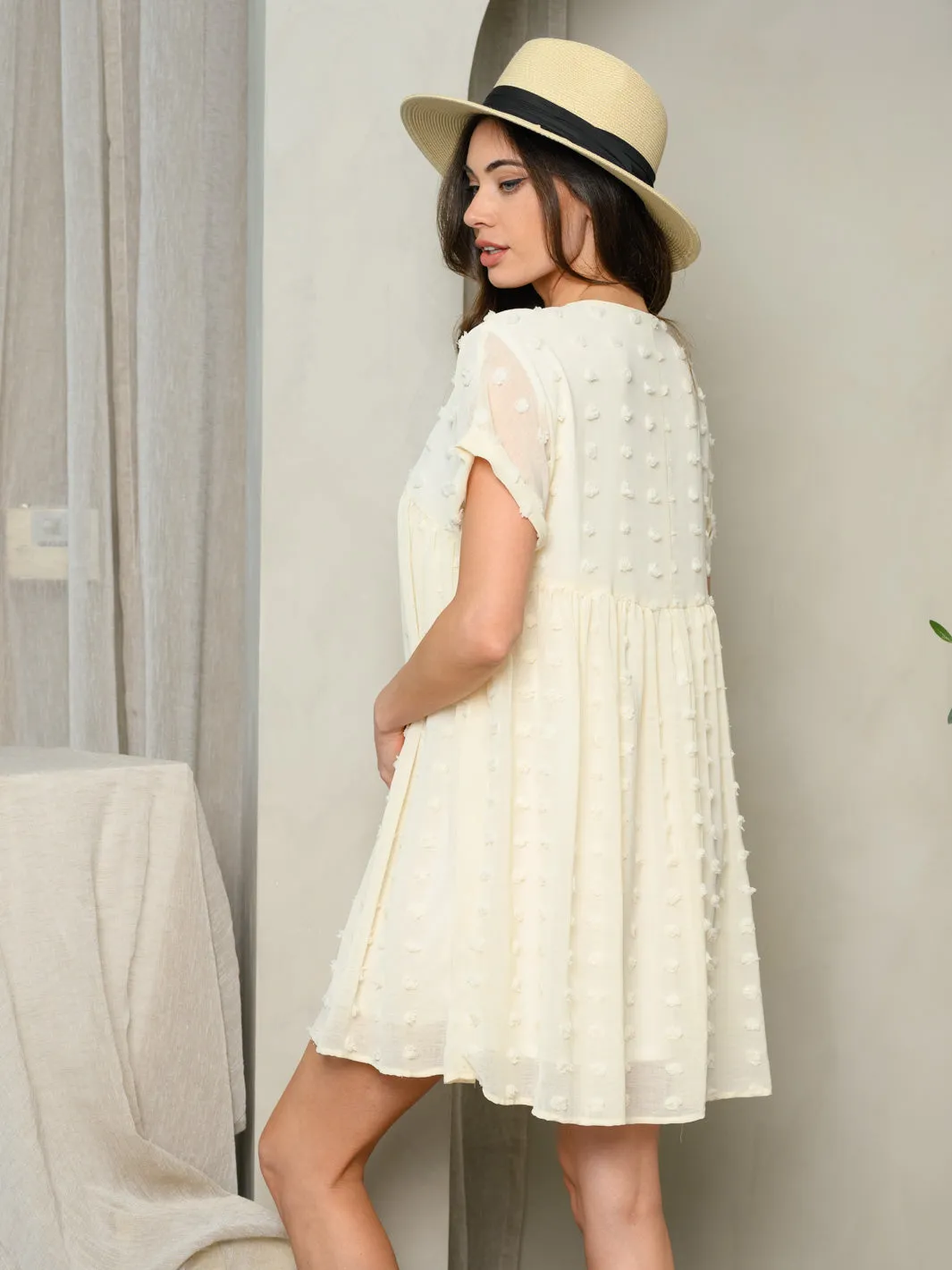WOMEN'S BABYDOLL SWISS DOT V-NECK MINI DRESS