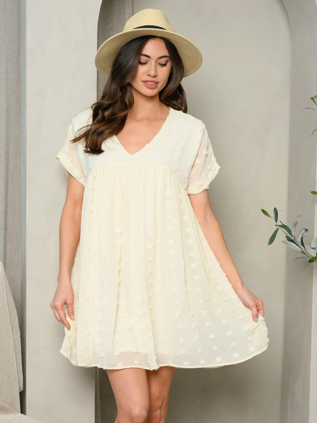 WOMEN'S BABYDOLL SWISS DOT V-NECK MINI DRESS