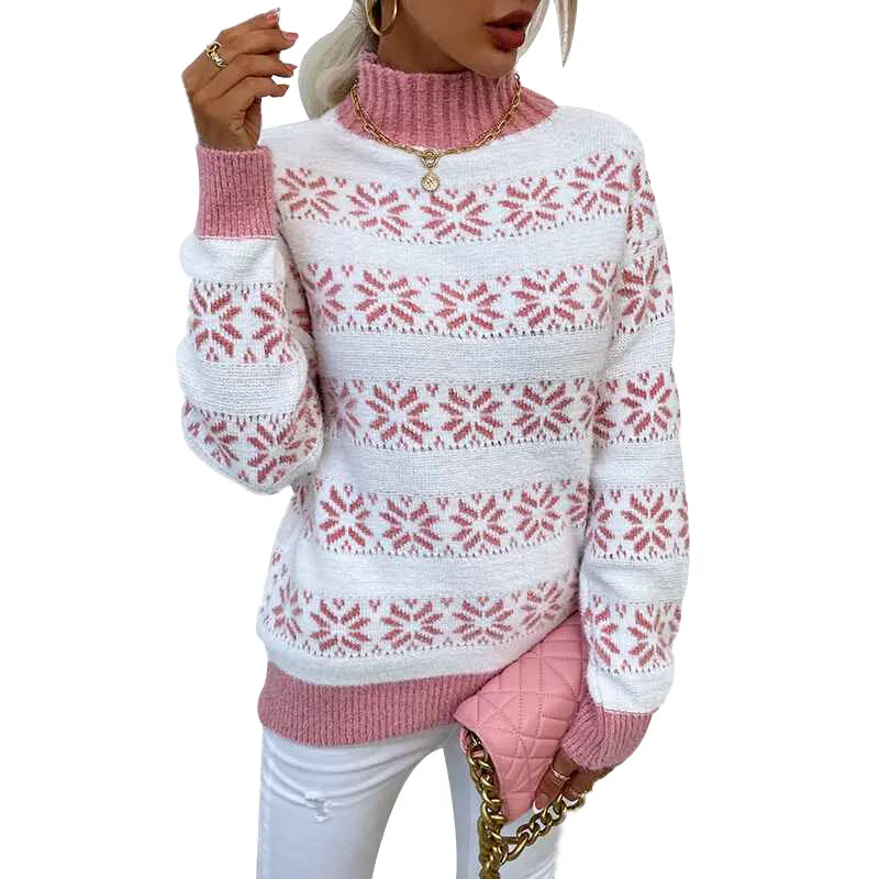 Women's Christmas Snowflake Sweater Turtleneck Vintage Holiday Knit Sweater Pullover Patchwork Knitting Sweaters K259