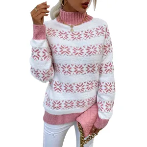 Women's Christmas Snowflake Sweater Turtleneck Vintage Holiday Knit Sweater Pullover Patchwork Knitting Sweaters K259