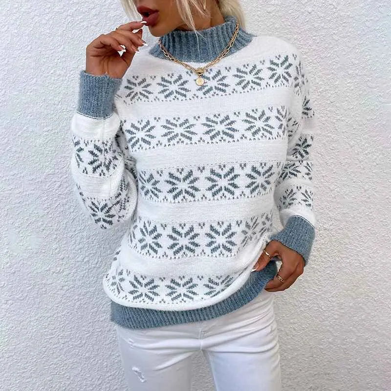 Women's Christmas Snowflake Sweater Turtleneck Vintage Holiday Knit Sweater Pullover Patchwork Knitting Sweaters K259