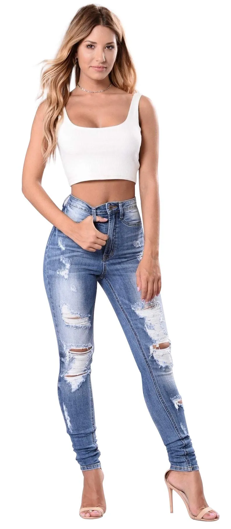 Women's High Waisted Jeans for Women Trendy Distressed Stretch Jeans for Women Ripped Butt Lift Jeans Denim Pants Light Blue