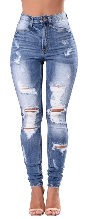 Women's High Waisted Jeans for Women Trendy Distressed Stretch Jeans for Women Ripped Butt Lift Jeans Denim Pants Light Blue