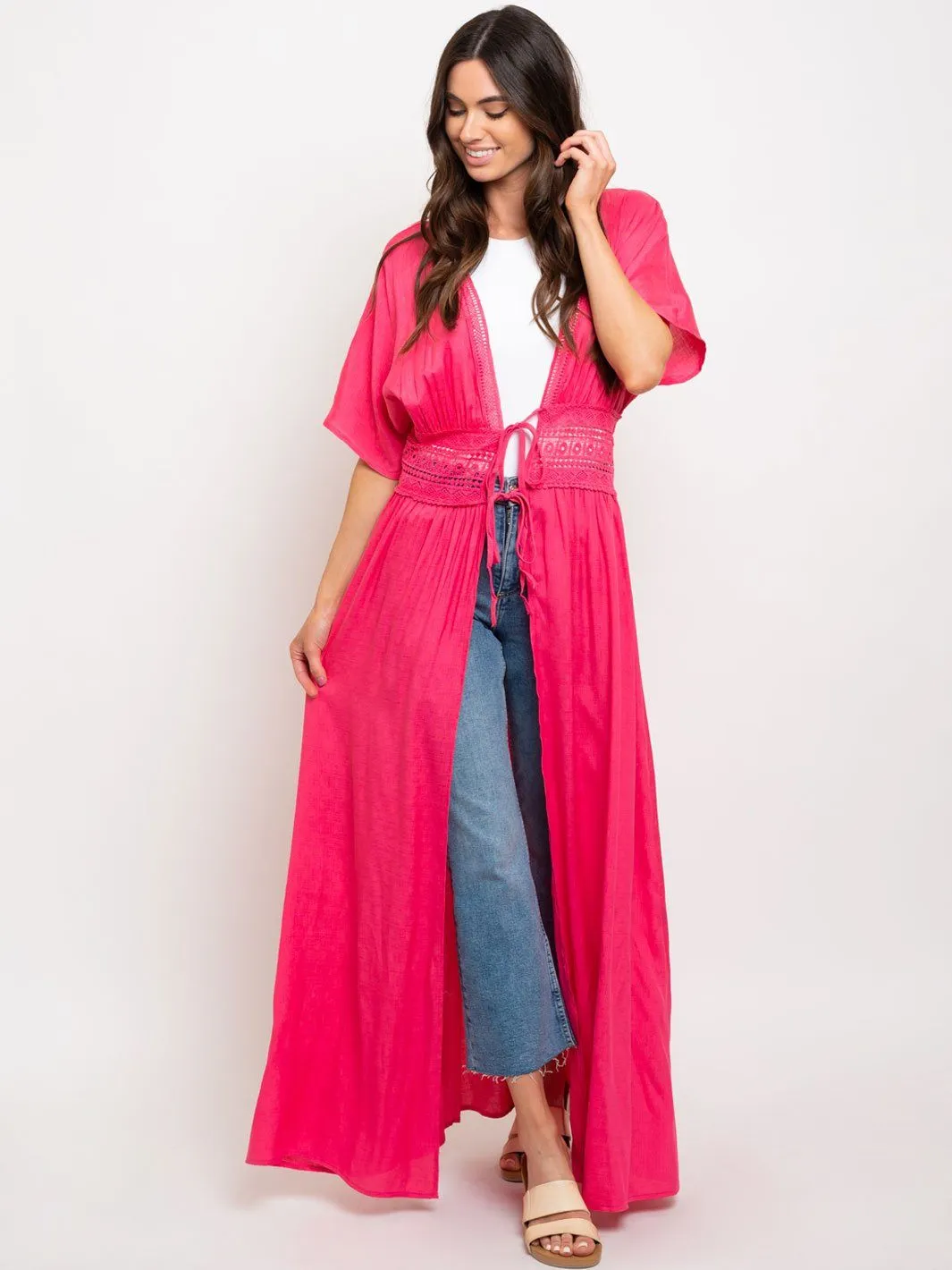 WOMEN'S LONG FRONT TIE CROCHET WAIST TOP