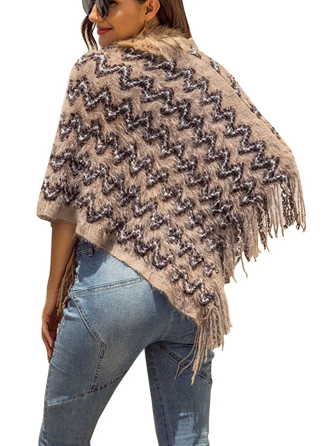 Women's Long Fur Collar Tassel Cloak Shawl Loose Sweater