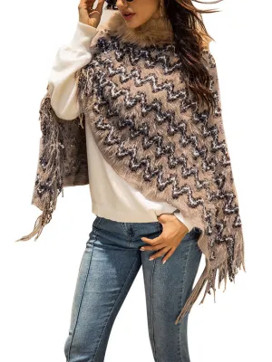 Women's Long Fur Collar Tassel Cloak Shawl Loose Sweater
