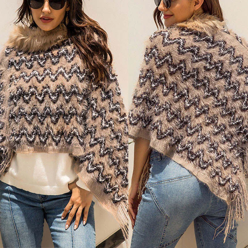 Women's Long Fur Collar Tassel Cloak Shawl Loose Sweater