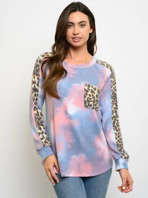 WOMEN'S LONG SLEEVE TIE DYE ANIMAL PRINT TOP