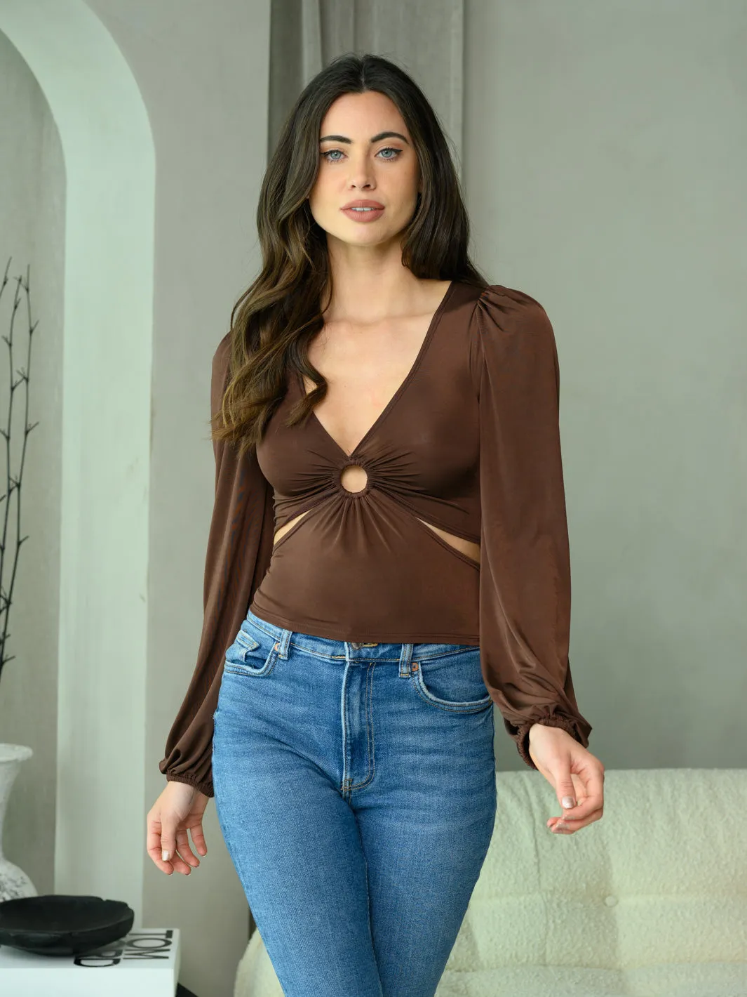 WOMEN'S LONG SLEEVE V-NECK FRONT CUT OUT TOP