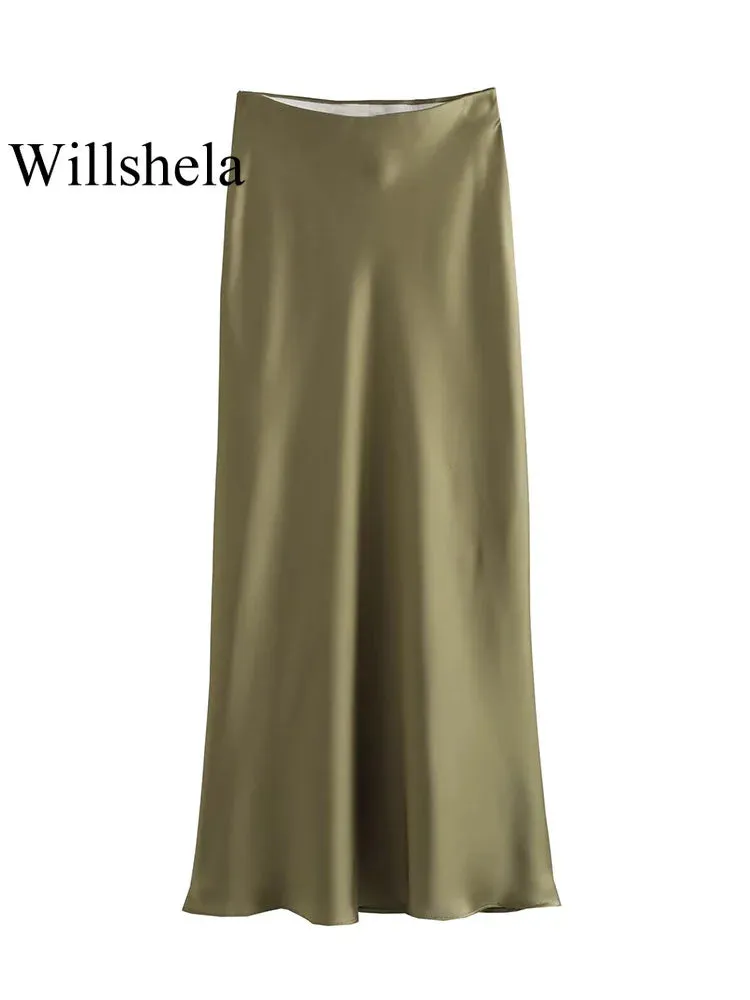 Women's Satin Pleated Midi Skirt