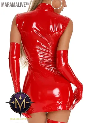 Womens Sexy PVC Leather Bodycon Dress Wet Look Sleeveless Zipper Dress Latex Club Mini Dress Carnival Party Woman Costume