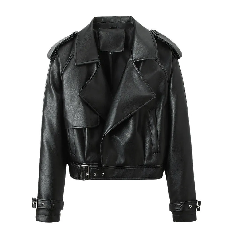 Women's Solid Color Casual Loose Fit Leather Jacket