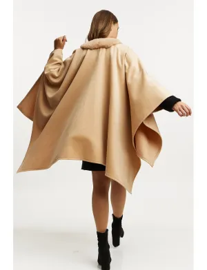 Wool poncho with fur trim - golden beige