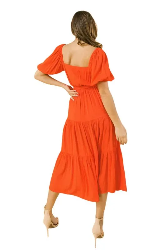 Woven Midi Dress with Puff Sleeve