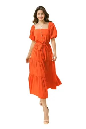Woven Midi Dress with Puff Sleeve