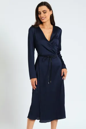 Wrap Crinkle Satin Midi Dress - Navy